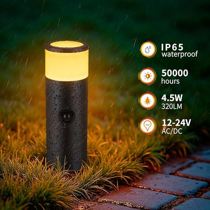 5CCT Low Voltage Bollard Pathway Lights, 4.5W 320LM 12-24V AC/DC | Aluminum Waterproof Outdoor Landscape Path Light, Glass Head 4FT Corded with IP65 Wire Nuts, 4Pack 1800/2200/2700/4000/5000K
