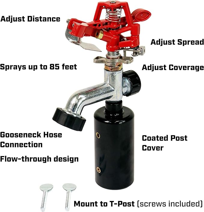 Chapin 4984: T-Post Impact Sprinkler, 360 Degree Automatic Impact Sprinkler for Small Gardens and Lawns, Up to 85ft Coverage Area, Red