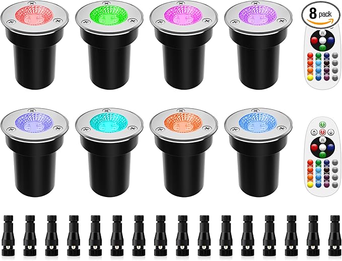 ZUCKEO RGB Low Voltage Landscape Lights LED Color Changing Well Lights, Outdoor In Ground Light Waterproof Accent Spotlights 12-24V Landscape Lighting for Yard Garden Pathway(8Pack with Connectors)