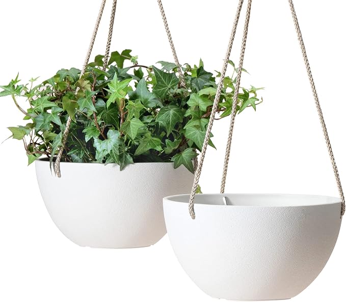 LA JOLIE MUSE White Hanging Planter Basket - 8 Inch Indoor Outdoor Flower Pots, Plant Containers W/Drainage Hole, Plant Pot for Hanging Plants, Pack 2