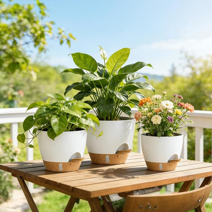 Plant Pots, 4 Pack 12/10/9/8 Inch Self Watering Pots with Drainage Holes, Water Level Indicator Deep Reservoir, Large Planters for Indoor Outdoor Plants - White Brown