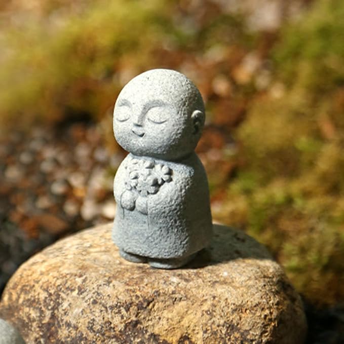 Buddha Statue Indoor Jizo Monk Praying Small Buddha Statue Holding Flowers Zen Desk Decor Ideal for Home Office Japanese Garden