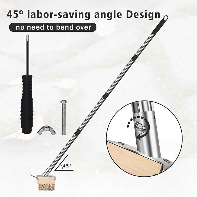 Crack Weeder Tool, Weed Puller Tool with 2 Heads&Scraping Hook, Paver Weeding Moss Remover Brush with Steel Handle for Cleaning Paving Joint Sidewalk Patio Stone Driveway Deck Black