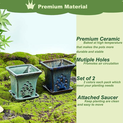Ceramic Orchid Pots with Holes attached Saucers 4.8 Inches - Set of 2 Small Square Orchid Pots for Repotting, Decorative Ceramic Orchid Planter with Hole for Healthy Root Growth Blue and Green