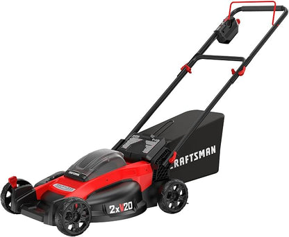 CRAFTSMAN V20 20 in Lawn Mower, 2 x 5Ah Batteries and 2 Chargers Included, High Effeciency Brushless Motor, Push Mower, Up to 50 Min of Runtime, Lightweight, Grass Bag, Low Profile (CMCMW220P2)