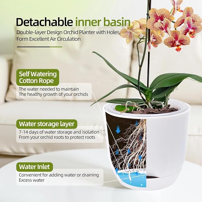 7.2Inch White Orchid Pots with Holes for Repotting, Double-Layer Plastic Self Watering Flower Pots for Indoor Plants with Drainage Holes, Clear Orchid Pot Match Decorative Orchid Container, 1Pack