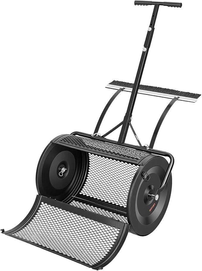 VEVOR Compost Spreader, 24" Wide Peat Moss Spreader with Push/Tow Handle & Brush, 4 Heights Adjustable, Powder-Coated Steel Garden Peat Moss Roller, Heavy Duty Grass Seed Roller for Planting Seeding