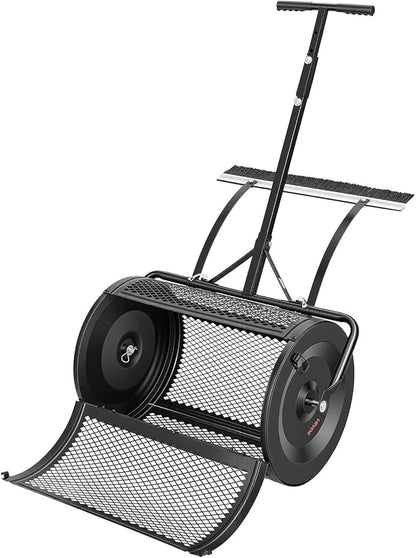 VEVOR Compost Spreader, 24" Wide Peat Moss Spreader with Push/Tow Handle & Brush, 4 Heights Adjustable, Powder-Coated Steel Garden Peat Moss Roller, Heavy Duty Grass Seed Roller for Planting Seeding