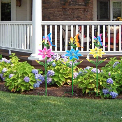 Metal Garden Flowers for Outside, 30.3-22.4" 3-Pack Colorful Butterfly & Flower Decorative Garden Stakes for Spring Garden Decor, Yard Art Decorations for Patio Lawn