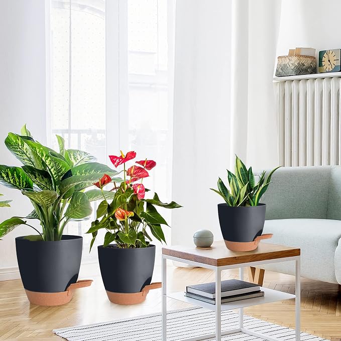 Vanslogreen Planters for Indoor Plants, 8/7/6.5/6/5.5/5 Inch Self Watering Plant Planters with Drainage Hole, Plastic Planters Flower Pots for Indoor Outdoor Plants (Black)