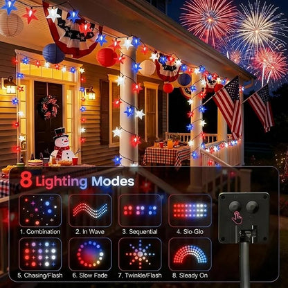 4th of July Twinkle Solar Star String Lights Outdoor 39FT/100L Fairy Lights | Red White and Blue 8 Modes Independence Day President Day Memorial Day