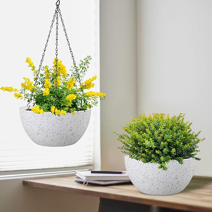 Meowell 10 inch Hanging Planters for Indoor Outdoor Plants, 2 Pack Hanging Flower Pots with Drainage Holes and Chain for Garden Porch, Plastic Hanging Baskets for House Plants, Speckled White