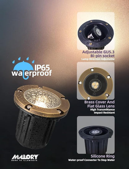 MALORY Brass Top Cover Landscape Well Lights, (φ126 mm) 12V Low Voltage Outdoor In Ground Lights,Landscape Lighting for Pathway, Driveway and Garden 10-Pack with Bulb (Flat Top)