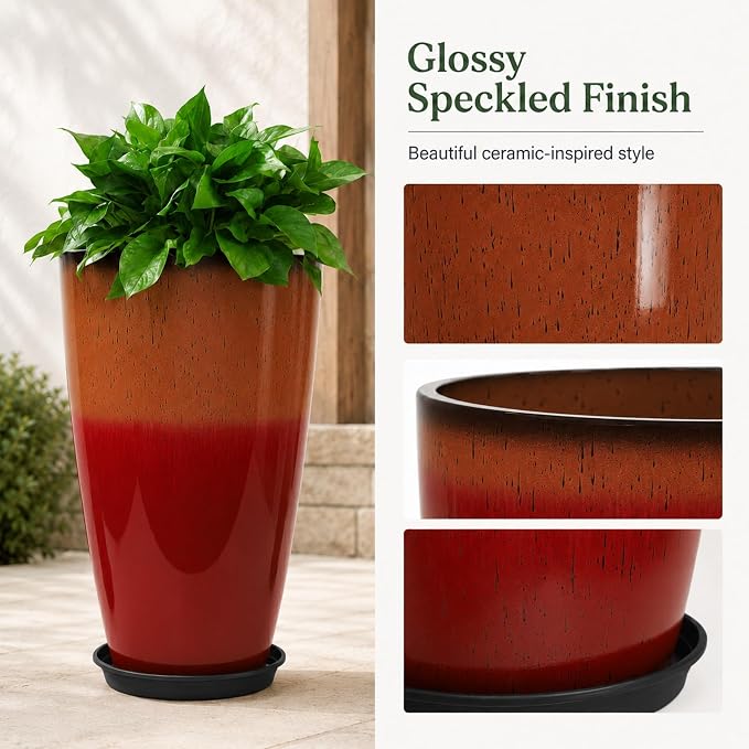 Neoaider Set of 2 Tall Planter, 21 inch Large Plastic Planter, Firey Red | Ceramic-Look, Lightweight, Built-in Drain Hole, Saucers, Tall Outdoor Planter for Porch, Garden, Patio, Balcony
