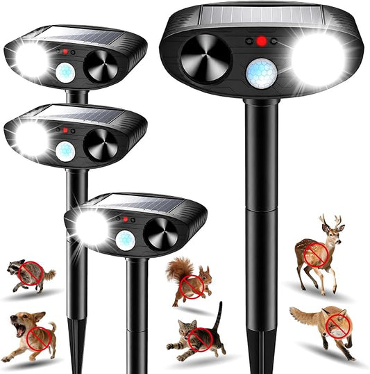 2026 Upgraded Solar Ultrasonic Animal Repeller Outdoor, Sonic Fortress Pro Deer Repellent with Motion, Waterproof,Cat Deterrent for Garden Yard, Squirrel Raccoon Skunk Rabbit Dog Bird (Black, 4)