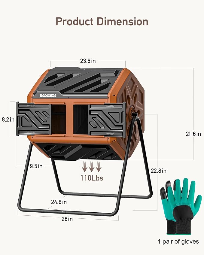THE Growing 43 Gal Outdoor Compost Bin Tumbler with Thermometer, Orange | Dual 21.5gal chambers for backyard recycling. Pre-embedded nuts for quick assembly. Resin panels deter pests and odors.