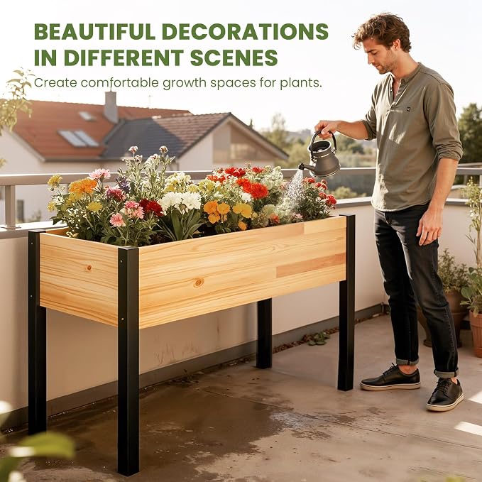 SUNYRISY Wooden Raised Garden Bed Outdoor with Metal Legs for Gardening, 45.6" L x 23.6" W x 31.5" H Elevated Planter Garden Box Raised Bed for Vegetable Flower Herb