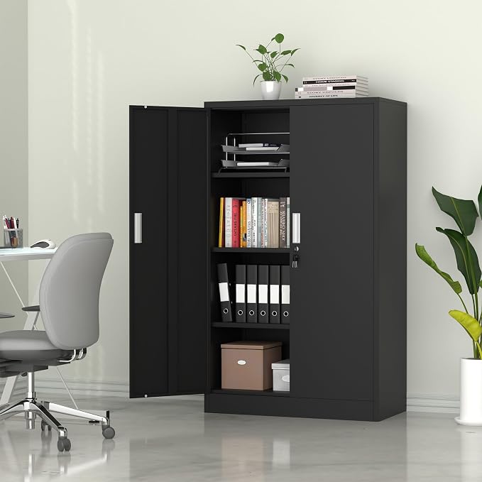 iJINGUR Metal Storage Cabinet with Locking Doors and Adjustable Shelves, 53.5-Inch Tall Lockable Storage Cabinets for Home Office Garage Kitchen Pantry (Black)
