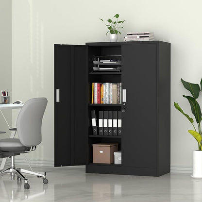iJINGUR Metal Storage Cabinet with Locking Doors and Adjustable Shelves, 53.5-Inch Tall Lockable Storage Cabinets for Home Office Garage Kitchen Pantry (Black)