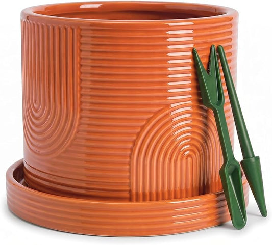 6 Inch Ceramic Plant Pot with Drainage Hole & Tray – Indoor Planter for Succulents, Herbs & Houseplants – Modern Ceramic Planter with Mesh Pad, Dibber & Widger – Terracotta