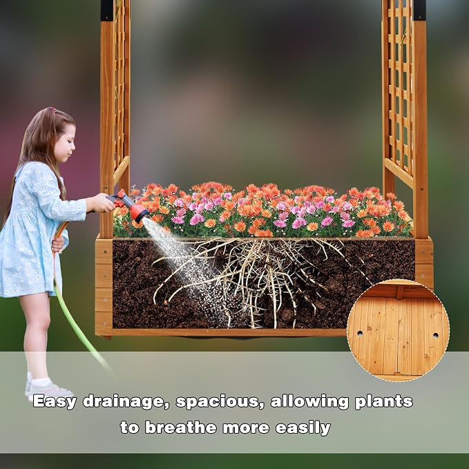 Raised Garden Bed with Wood Trellis Set of 2 Outdoor Planter Box for Tomatoes Climbing Vegetables Herbs Flowers Patio Pots Tall Hanging Roof 2 Drainage Holes Orange, 42.51" L x 17.32" W x 67" H