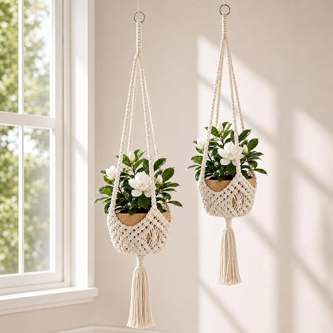 Shappy 2 Pack Boho Macrame Plant Hanger, Large Hanging Planter Plant Holder Pot Hanger Hanging Basket Wall Planters, Plants Lover Gift for Indoor Garden (Spiral Knot,White)