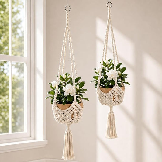 Shappy 2 Pack Boho Macrame Plant Hanger, Large Hanging Planter Plant Holder Pot Hanger Hanging Basket Wall Planters, Plants Lover Gift for Indoor Garden (Spiral Knot,White)