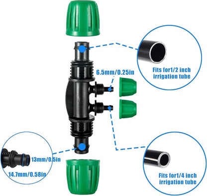 10 Pcs 1/2 to 1/4 inch Garden Hose Tubing Irrigation Fittings,4-Way Anti-Leak 1/2'' to 1/4'' Locked Barbed Drip Irrigation Tee Connectors (1/2"IDx0.6-0.63"OD) 1/2'' to 1/4'' Irrigation Tubing Fitting