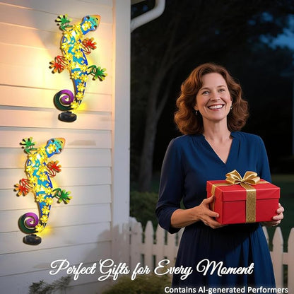 Metal Lizards Outdoor Decor Metal Gecko Wall Decoration with 30 Led Solar Lights- 17.7" Fence Wall Art, Gift for Mom Grandma Women Birthday Gardening,Geico Lizard for Garden Patio Porch Yard