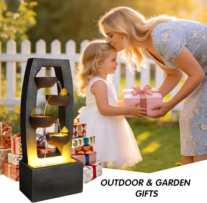 37.6" Outdoor Rock Water Fountain, Small Outdoor Fountain with Lights, 4-Tier Cascading Bowl Design Garden Water Feature, Modern freestanding Fountain for Patio Backyard Porch