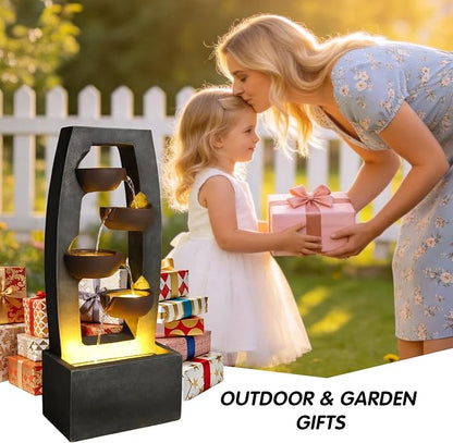 37.6" Outdoor Rock Water Fountain, Small Outdoor Fountain with Lights, 4-Tier Cascading Bowl Design Garden Water Feature, Modern freestanding Fountain for Patio Backyard Porch