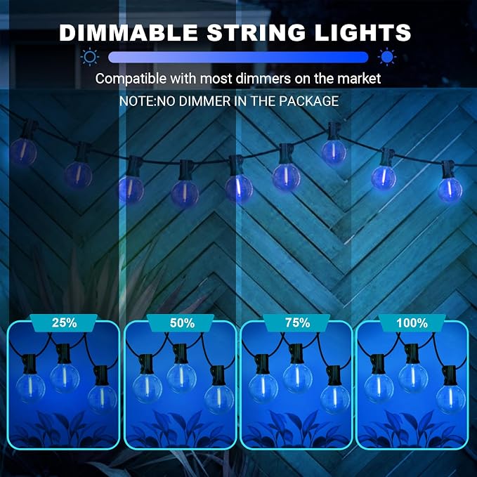 LAMPHOME LED Outdoor String Light, 26Feet Patio Lights with12+1Edison Shatterproof Bulbs(1Spare), UL Waterproof Outside Lights connectable Dimmable for Backyard Porch Decor,Blue