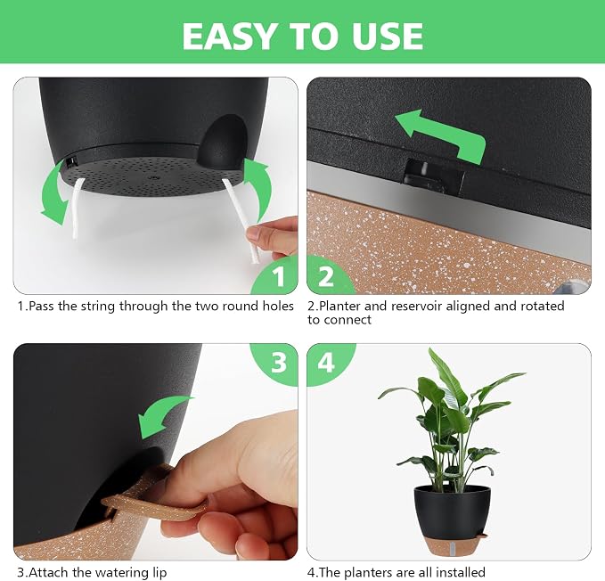 12" 10" 9" 8" Self Watering Pot for Indoor Plants, Large Plastic Planters Set with Water Level Indicator Deep Reservoir Tray, Bottom Watering Big Flower Pots with Mesh Drainage Hole - Black