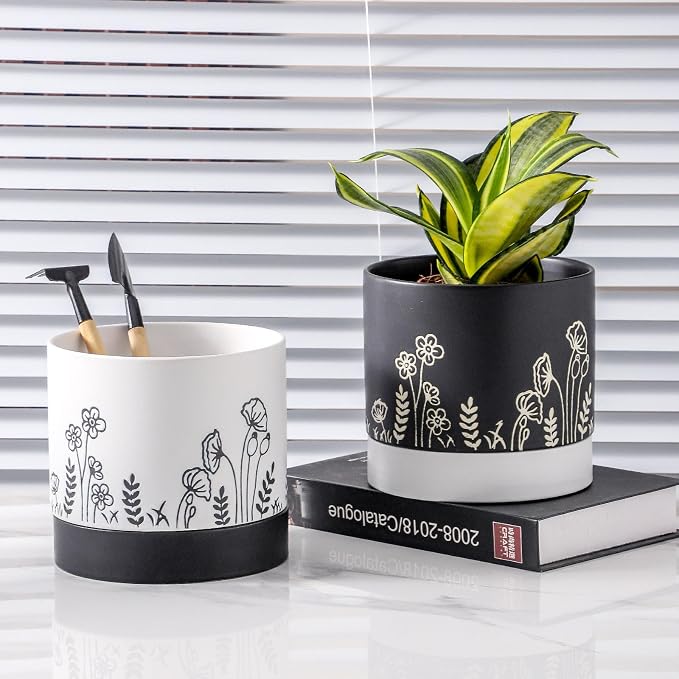 Nihow Ceramic Plant Pot,6 Inch Planter with Drainage Hole&Saucer for Indoor | White,Indoor & Outdoor, Cylinder Round Flower Pot, For Succulent/Herbs/Violets