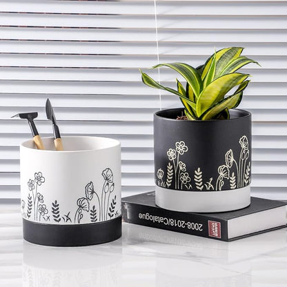 Nihow Ceramic Plant Pot,6 Inch Planter with Drainage Hole&Saucer for Indoor | White,Indoor & Outdoor, Cylinder Round Flower Pot, For Succulent/Herbs/Violets
