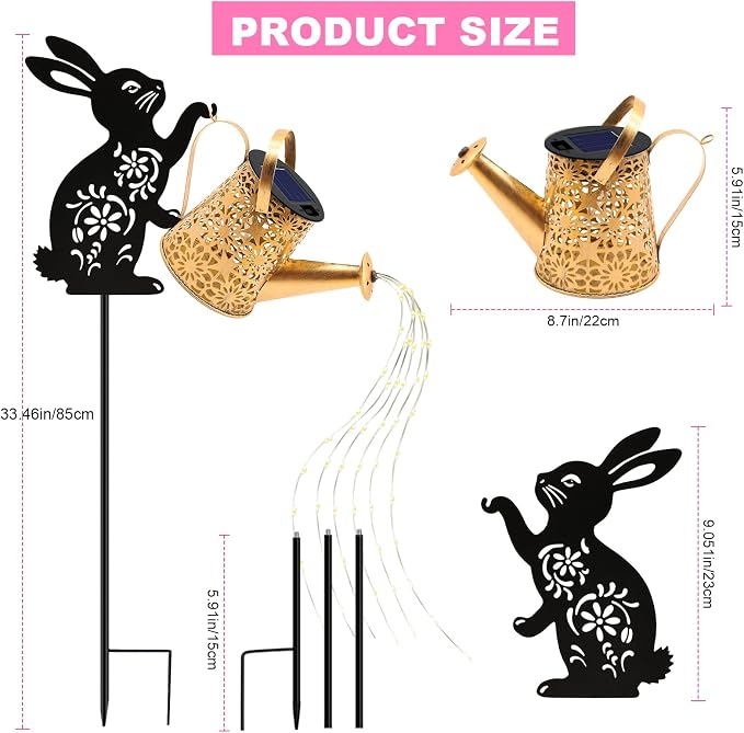 VOOKRY Solar Lights Outdoor,Watering Can with Bunny Silhouette Stake | Garden Gifts for Mom,Women&Garden Lovers Waterproof Metal Garden Water kettle,Decorative Yard Patio Lawn Pathway Decor(1Pack)