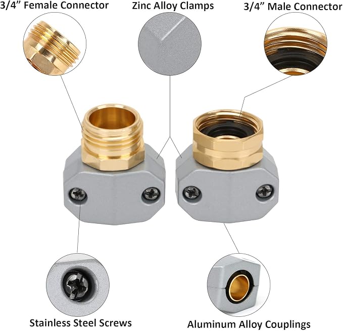 STYDDI Garden Hose Repair Connector Fitting, Aluminum Mender Female and Male Hose End Connector with Zinc Clamp, Fit 5/8-Inch and 3/4-Inch Garden Hose, 2 Sets