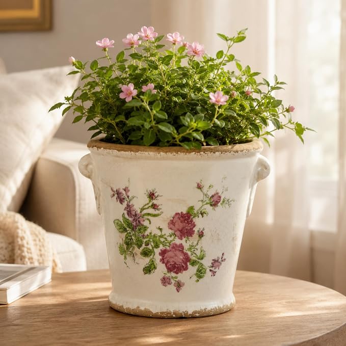Dosayes Vintage Ceramic Flower Pot with Drainage Holes and Handle,Ice Crack Country Rustic Planters for Indoor Outdoor,Tuscan Decor,Home and Garden Decor,Gardening Present