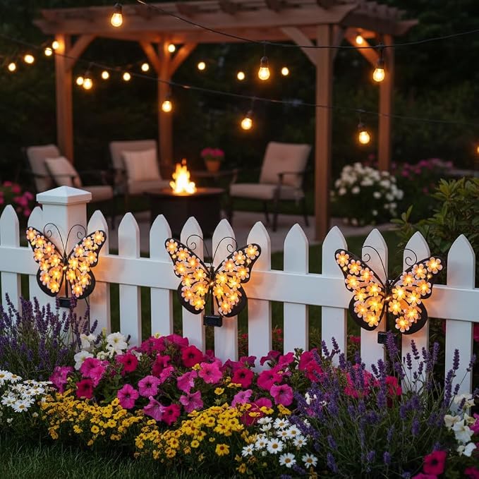 Solar Lights Outdoor Metal Butterfly Wall Decor with 30 Led - 13.5" Outdoor Fence Wall Art,Hanging Decoration for Garden Patio Porch Yard,Gifts for Women,Birthday Gifts for Mom Grandma