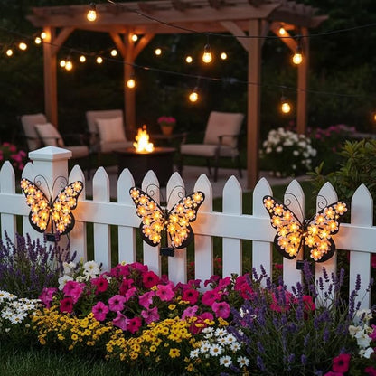 Solar Lights Outdoor Metal Butterfly Wall Decor with 30 Led - 13.5" Outdoor Fence Wall Art,Hanging Decoration for Garden Patio Porch Yard,Gifts for Women,Birthday Gifts for Mom Grandma