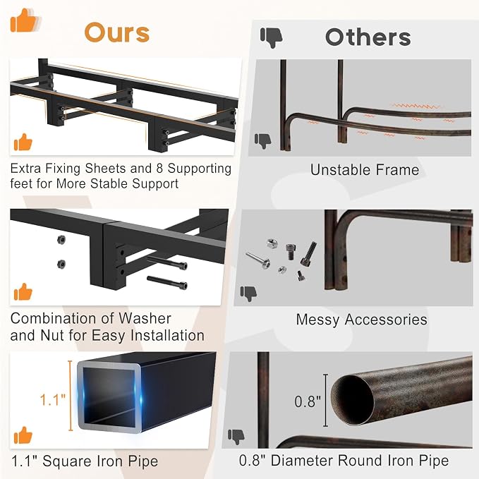 4ft Firewood Rack Outdoor with Waterproof Widened Cover, Heavy Duty Firewood Holder, Powder-coated Wood Rack with Hooks, Firewood Storage Rack for Fireplace Deck Patio