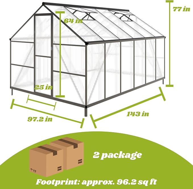 8x12 FT Greenhouses for Outdoors, Polycarbonate Greenhouse with PC Panels, Greenhouses for Outdoors for Yard, Garden, Hobby, Dark Gray
