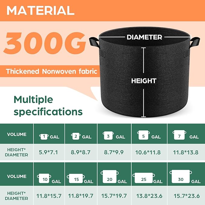 Jorvila 5 Pack 3 Gallon Grow Bags, Thickened Nonwoven Fabric Planter Pots with Handles, Heavy Duty 300G Garden Pots for Tomato, Potato and Vegetable