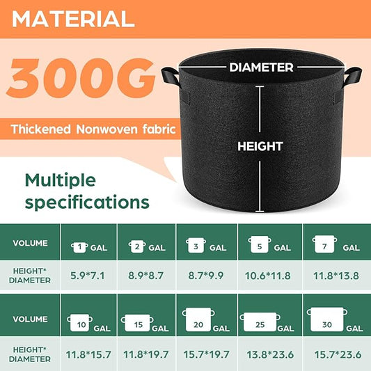Jorvila 10 Pack 1 Gallon Grow Bags, Thickened Nonwoven Fabric Planter Pots with Handles, Heavy Duty 300G Garden Pots for Tomato, Potato and Vegetable