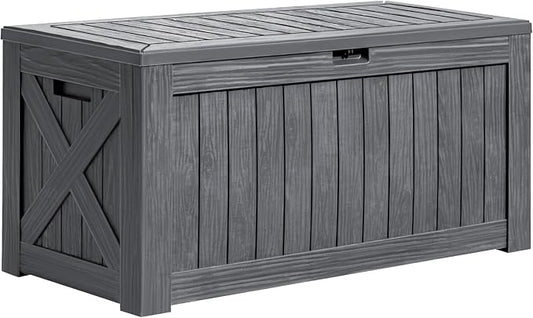 Greesum 120 Gallon Deck Box, Resin Outdoor Storage Container for Patio Furniture, Garden Tools, Pool Accessories, Weatherproof, Lockable, Gray