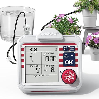RAINPOINT Indoor Large Display Automatic Plant Waterer Kit | Drip Irrigation System with Next Watering Countdown, Power-Off Memory,Anti-Siphon,Cycle & Soak Mode,Water 10-15 Plants