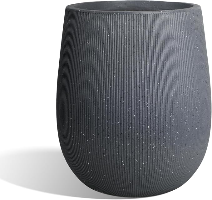 Worth Garden Dark Gray Round Planter, 9" Dia x 13" H Lightweight Magnesium Oxide Cement Plant Pot with a Striped Textured Finish, Raised Pattern Concrete Look, Drainage Hole, Indoor & Outdoor Use