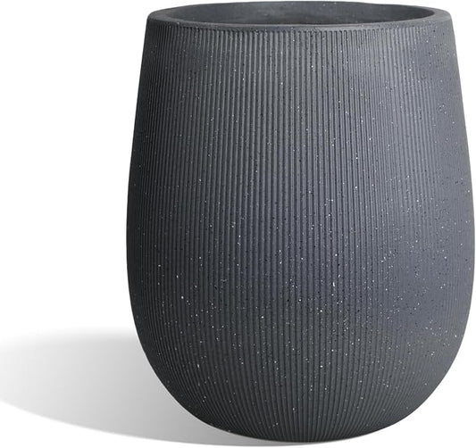 Worth Garden Dark Gray Round Planter, 9" Dia x 13" H Lightweight Magnesium Oxide Cement Plant Pot with a Striped Textured Finish, Raised Pattern Concrete Look, Drainage Hole, Indoor & Outdoor Use