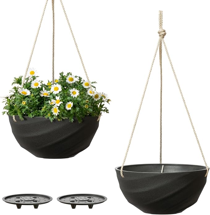 La Jolie Maison 10 Inch Hanging Planters for Indoor Plants, Outdoor Garden Planter Pots with Self-Watering Tray, Jet Black, Spiral Pattern, Set of 2