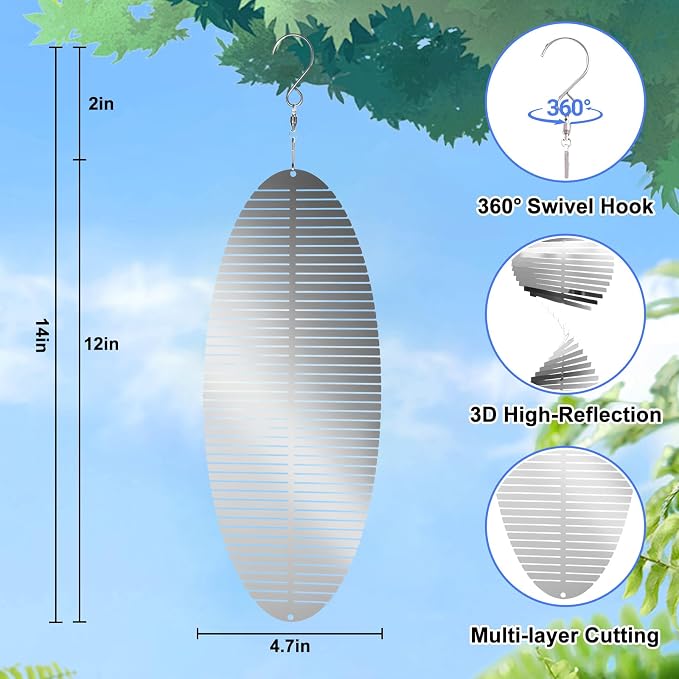 Stainless Steel Wind Spinners Outdoor Garden Decor, Gifts for Women Mom,3D Metal Reflective Bird Devices Deterrent to Keep Scare Woodpecker Pigeon Away Outside Patio Yard House (Silver Spiral,12 Inch)